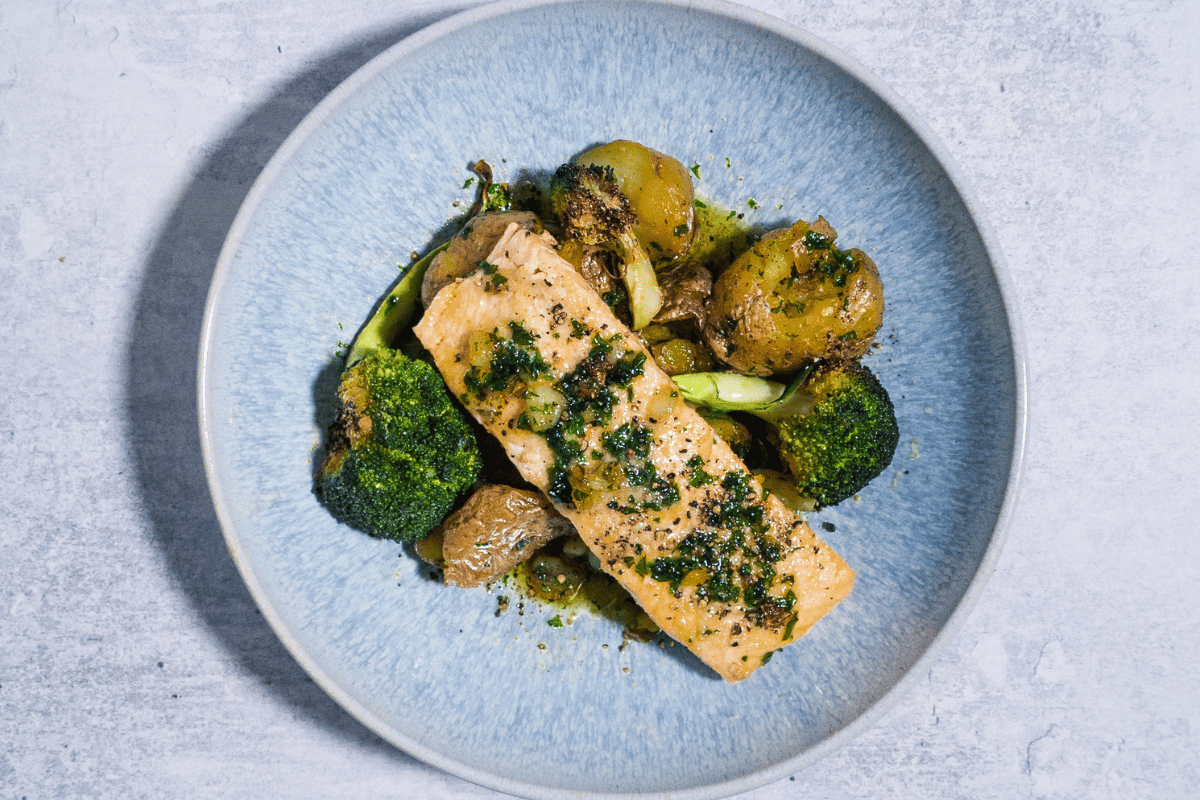 Miso Ginger Glazed Salmon, Grilled Broccoli