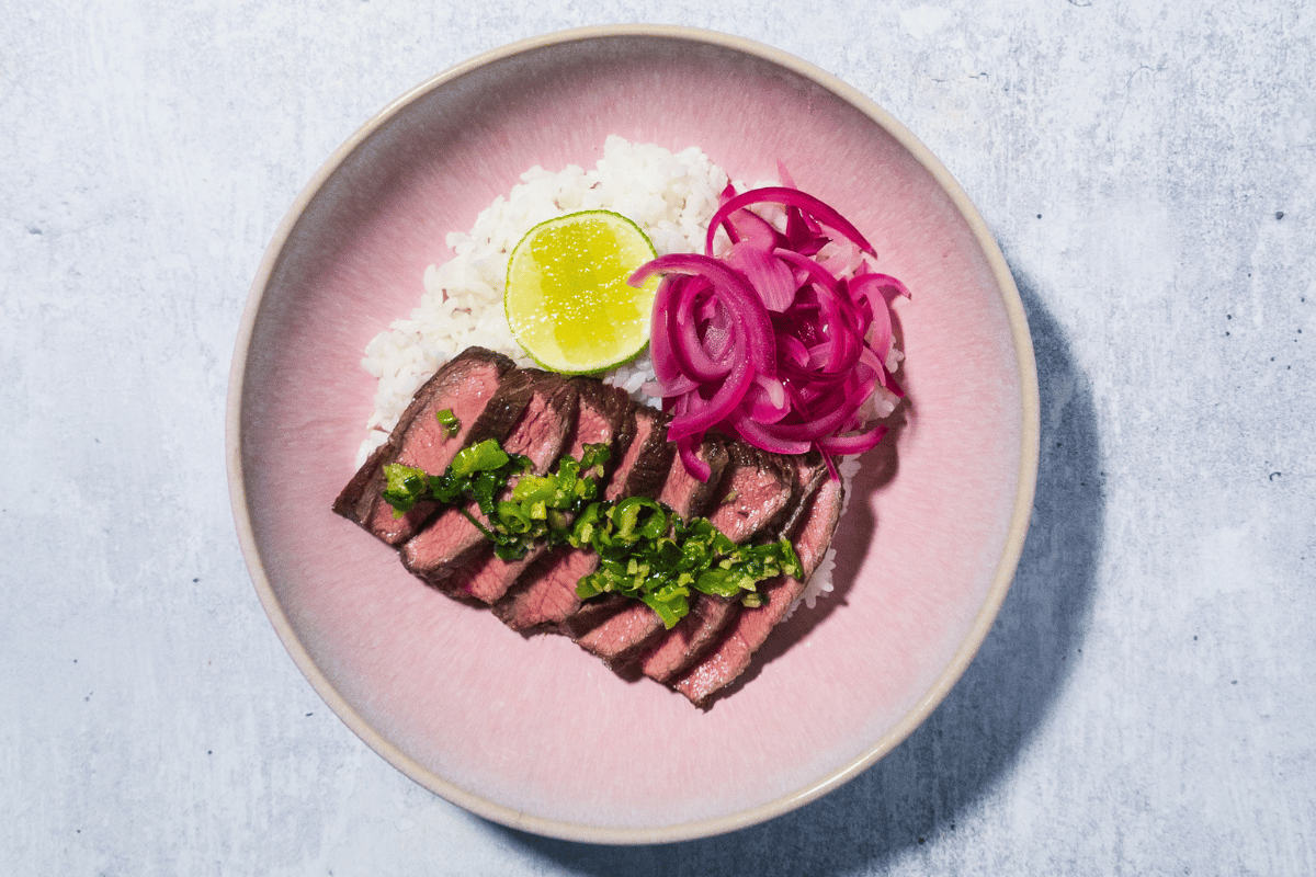 Pan seared Steak, Fried Scallion & Ginger Relish